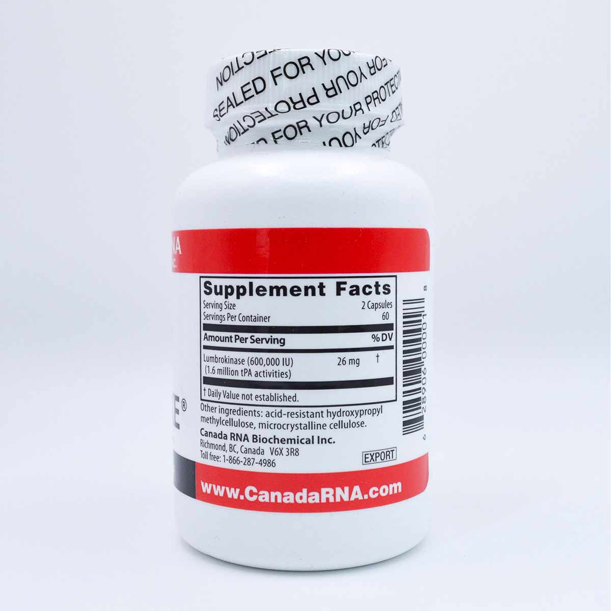 White bottle with red label and tamper-evident seal containing Boluoke supplement by Canada RNA Biochemical.