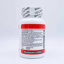 White cylindrical supplement bottle with red band, tamper-evident seal, and product information label.