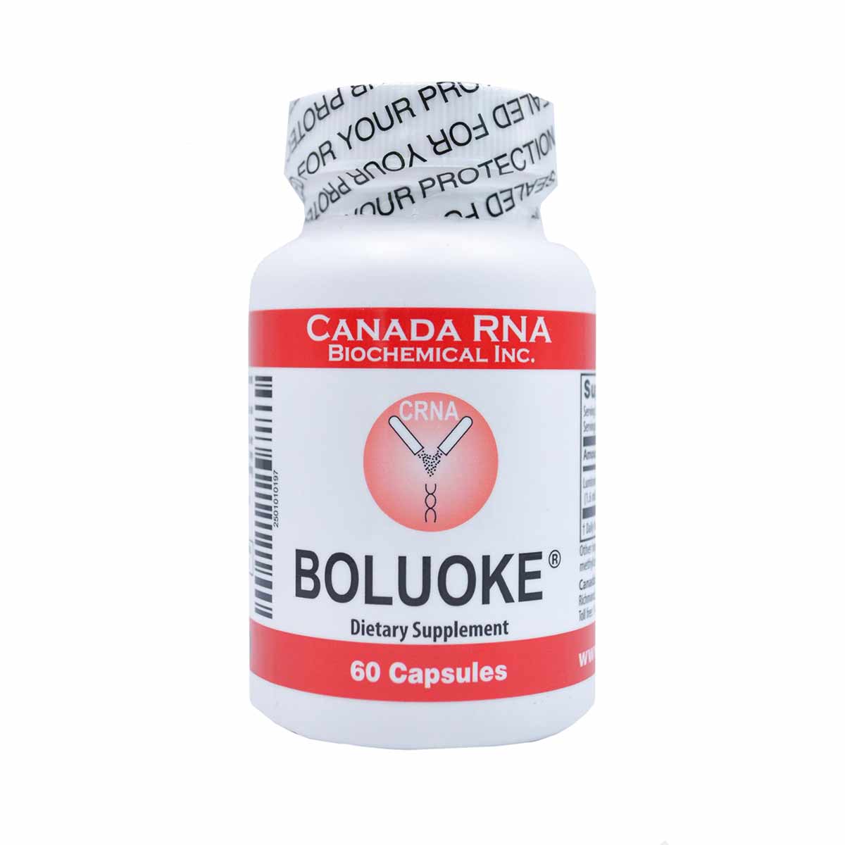 White plastic bottle with red label reading "CANADA RNA Biochemical Inc." and "BOLUOKE Dietary Supplement 60 Capsules" with t
