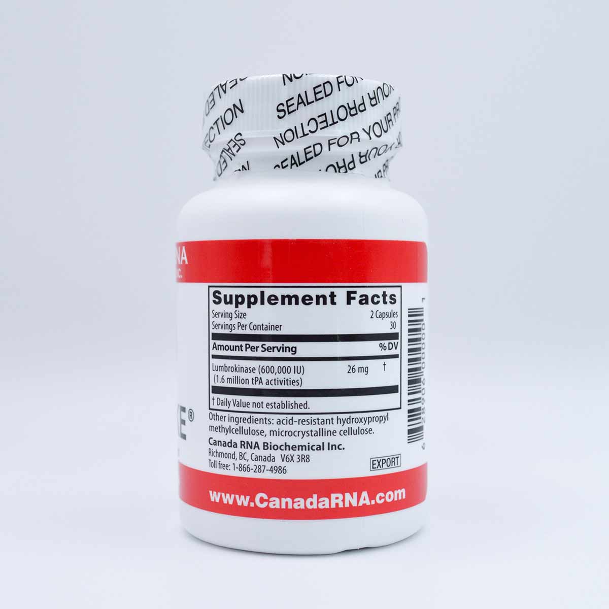 White and red supplement bottle with tamper-evident seal containing Lumbrokinase capsules, displaying Supplement Facts label 