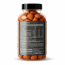 Clear glass bottle filled with orange, textured gummies and black lid with supplement facts label.