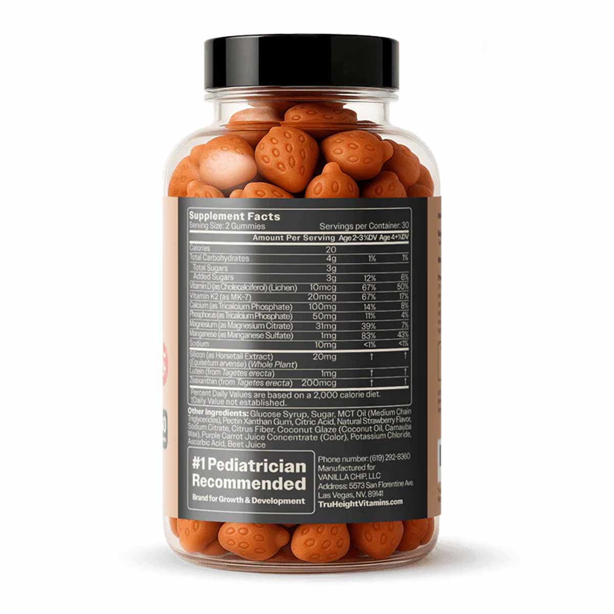 Clear glass bottle filled with orange, textured gummies and black lid with supplement facts label.