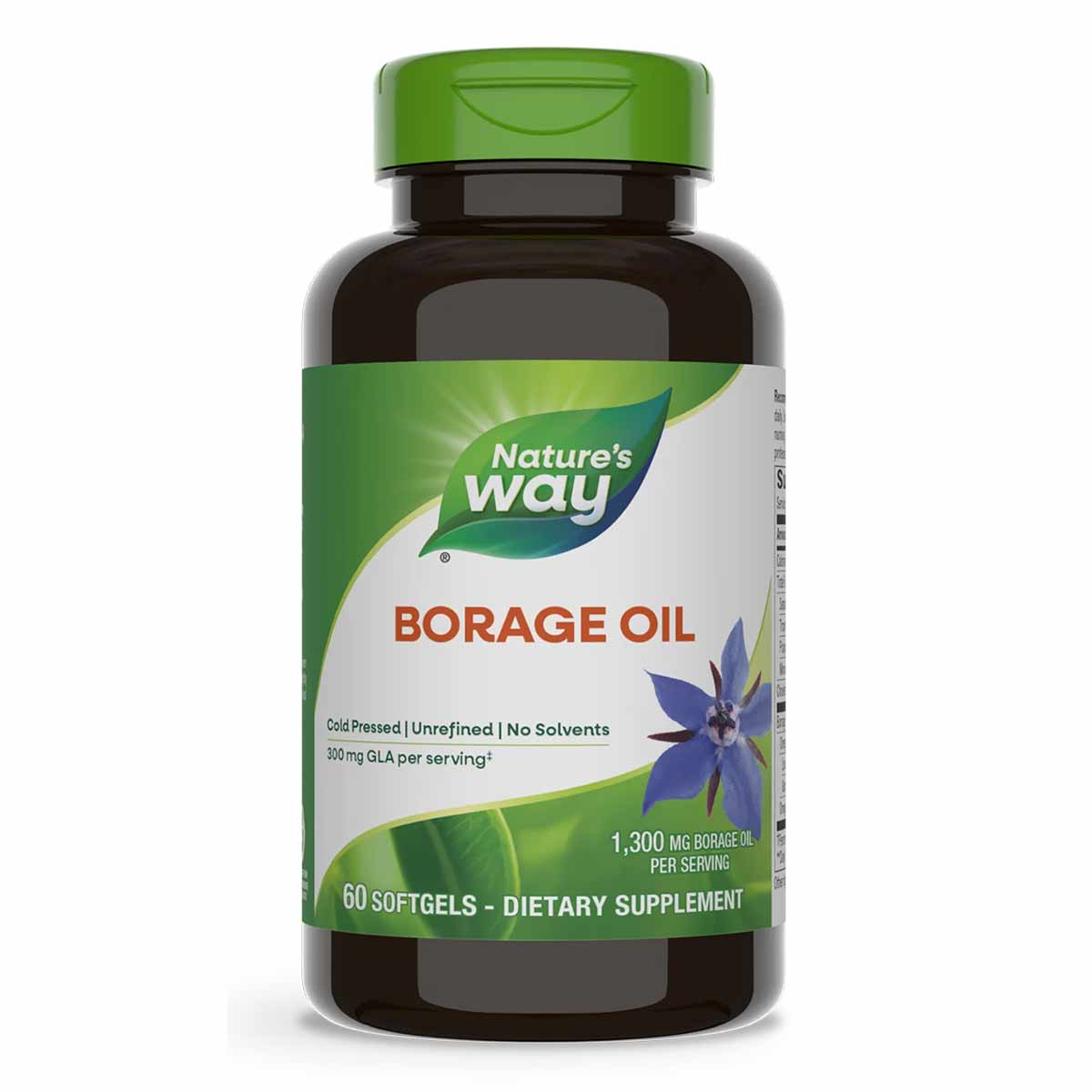 Brown glass bottle with green cap containing Nature's Way Borage Oil 1300 mg softgel capsules.