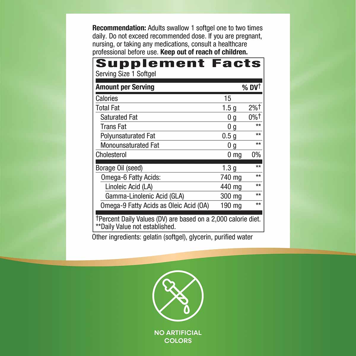 Supplement Facts label for Borage Oil softgels showing dosage, nutritional information, and ingredients on white background w