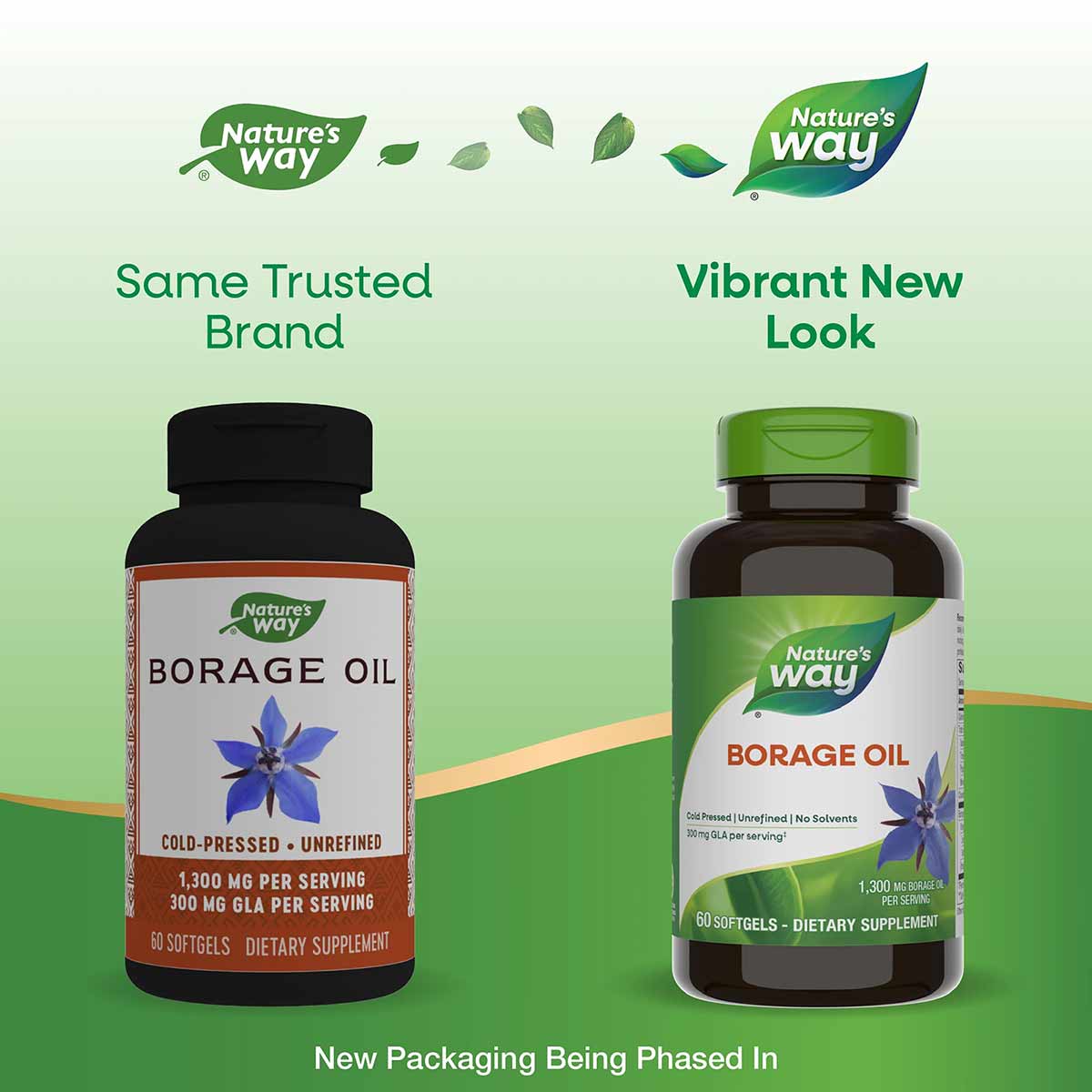 Two bottles of Nature's Way Borage Oil 1300 mg supplement showing old black label and new green label packaging side by side.