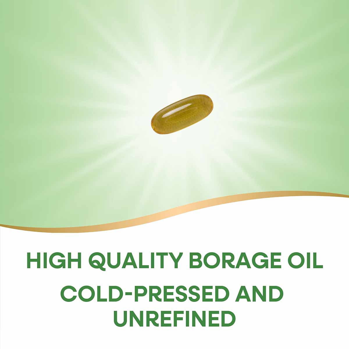 Golden-yellow borage oil softgel capsule on green gradient background.