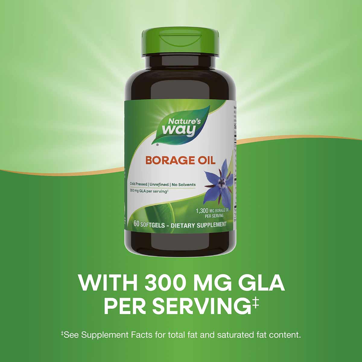 Dark glass bottle with green cap labeled "Nature's Way Borage Oil 1300 Mg" containing 60 softgels.