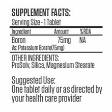 Supplement facts label for BoroTab 75 mg tablet showing boron content, potassium borate, and other ingredients with dosage in