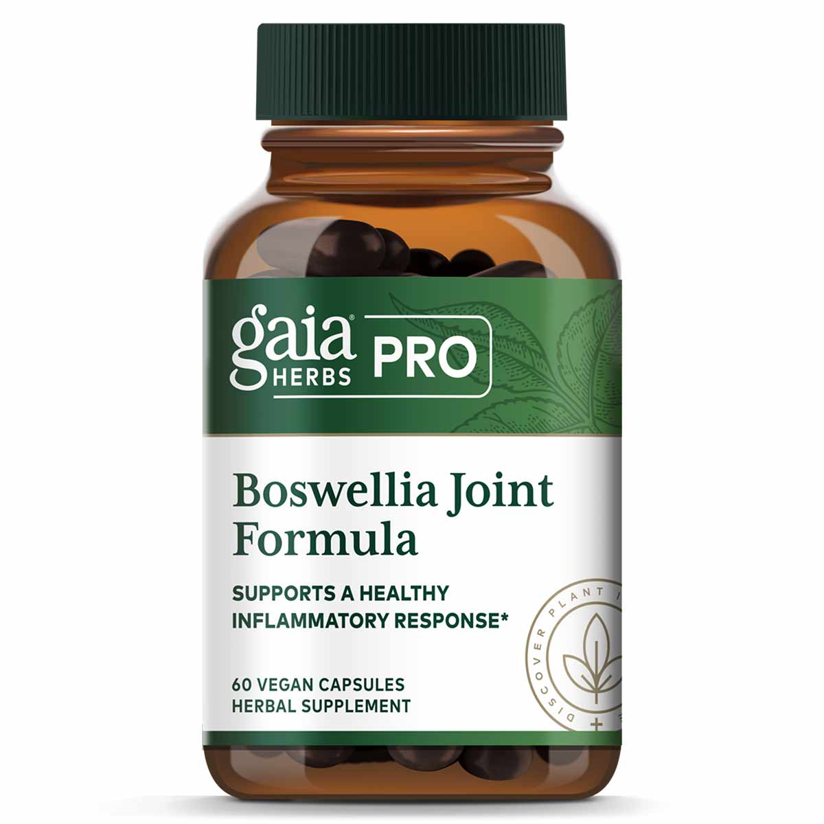 Amber glass bottle with green cap containing dark vegan capsules labeled Gaia Herbs Pro Boswellia Joint Formula.