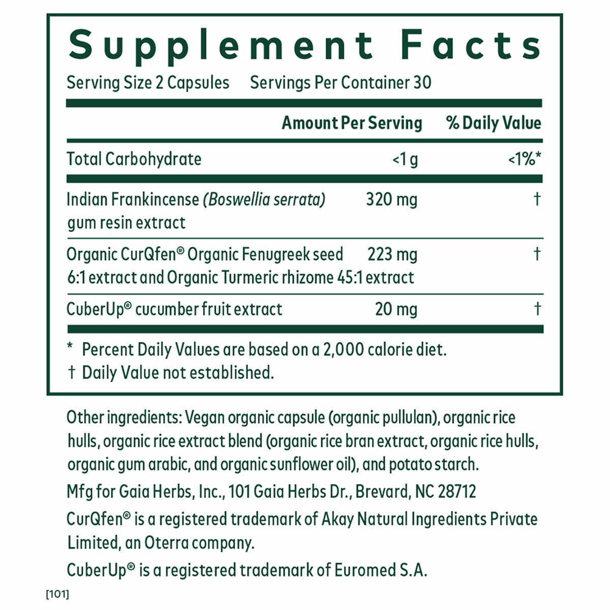 Supplement Facts label for Boswellia Joint Formula showing serving size, ingredients including Indian Frankincense and Turmer