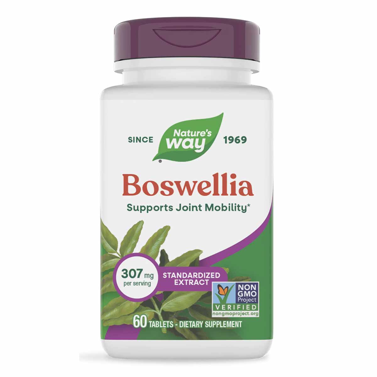 White bottle with purple cap containing Nature's Way Boswellia standardized extract supplement, 60 tablets, 307 mg per servin
