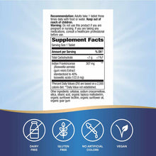 Supplement Facts label for Boswellia tablet showing dosage, ingredients, and icons indicating dairy-free, gluten-free, no art