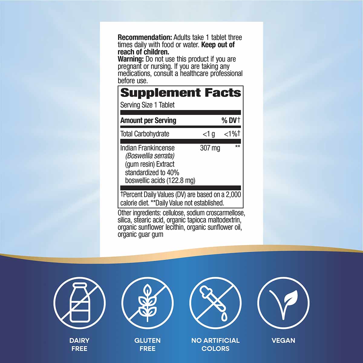 Supplement Facts label for Boswellia tablet showing dosage, ingredients, and icons indicating dairy-free, gluten-free, no art