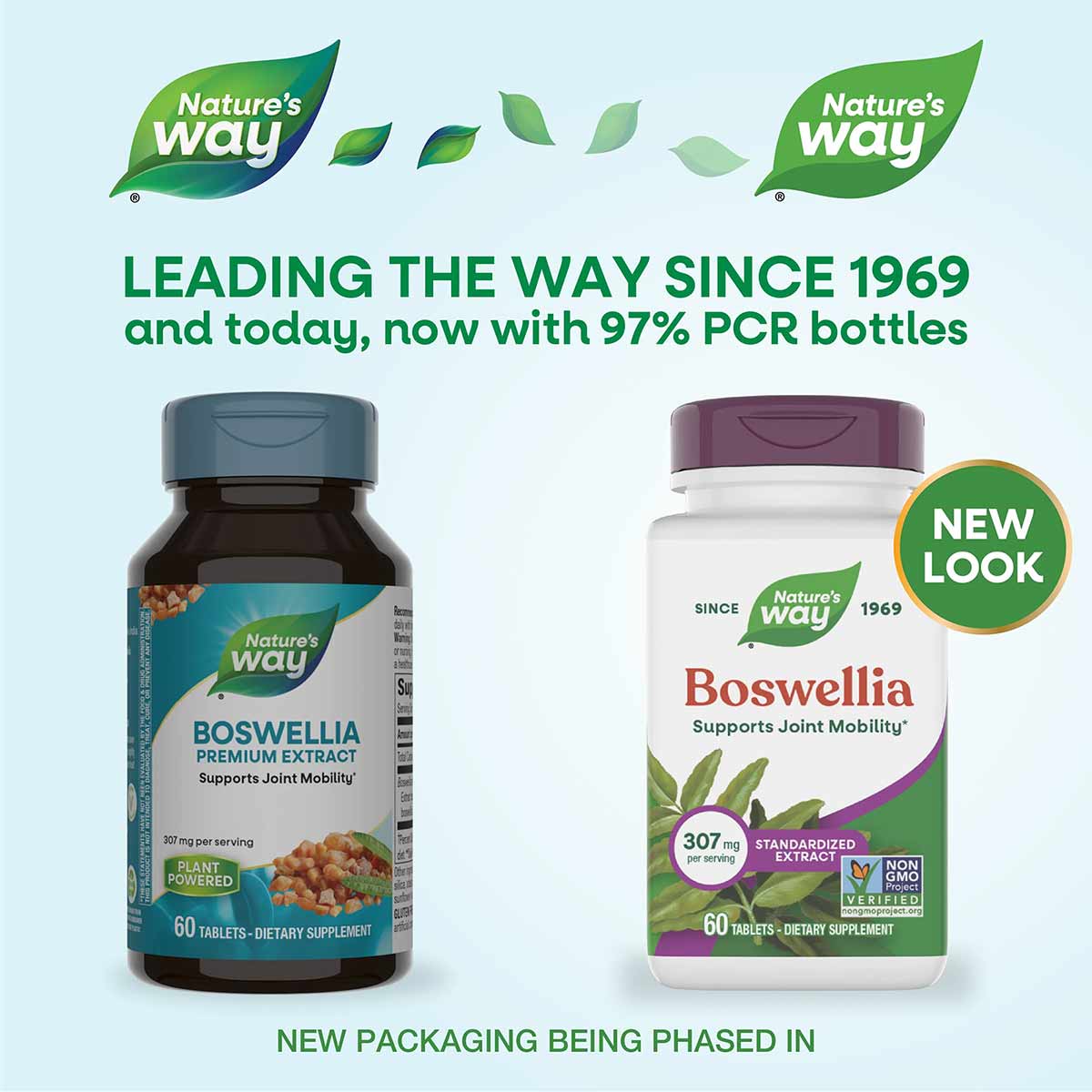 Two Boswellia supplement bottles side by side: dark glass bottle on left, white bottle with purple cap on right labeled "new 