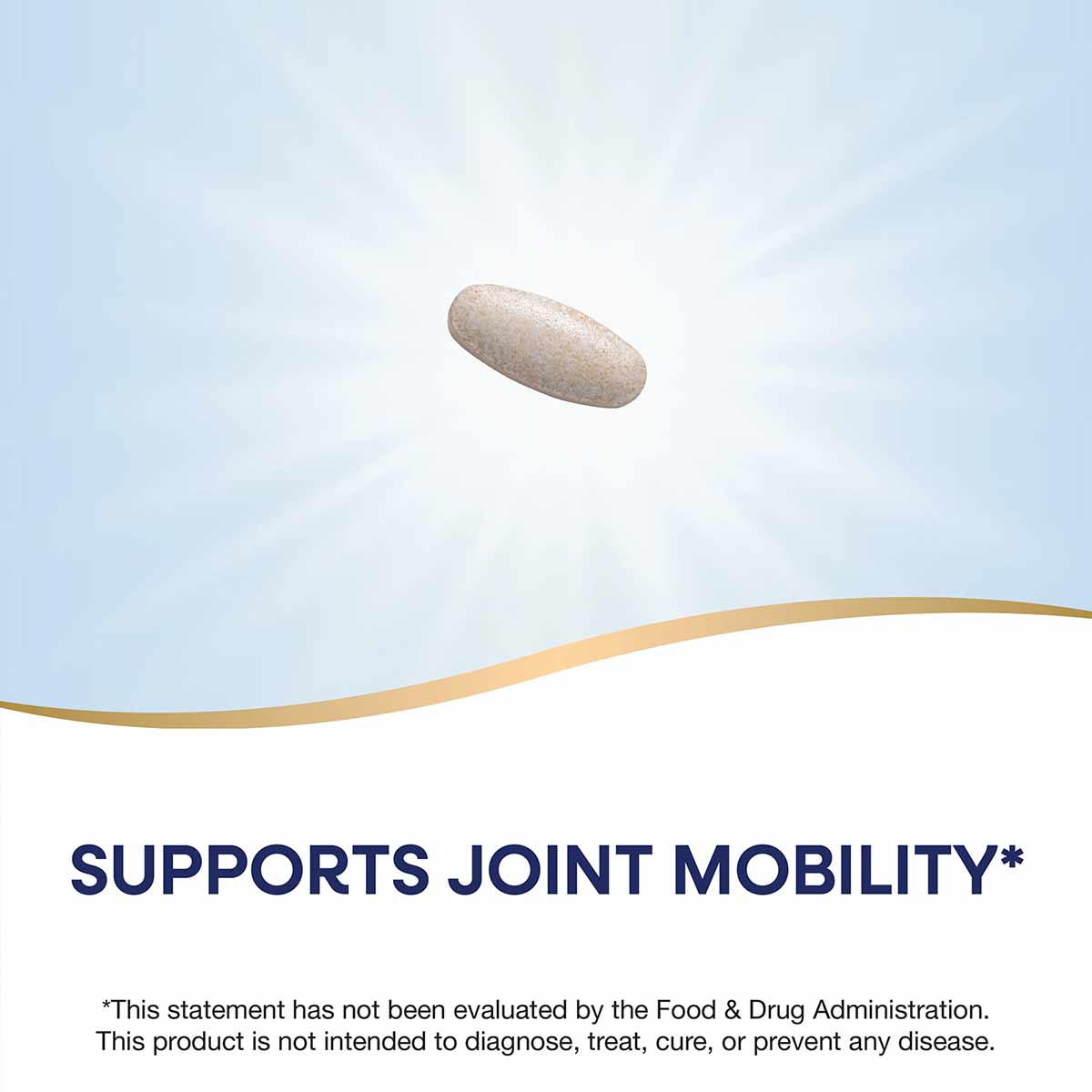 Beige oval supplement capsule against light blue background.