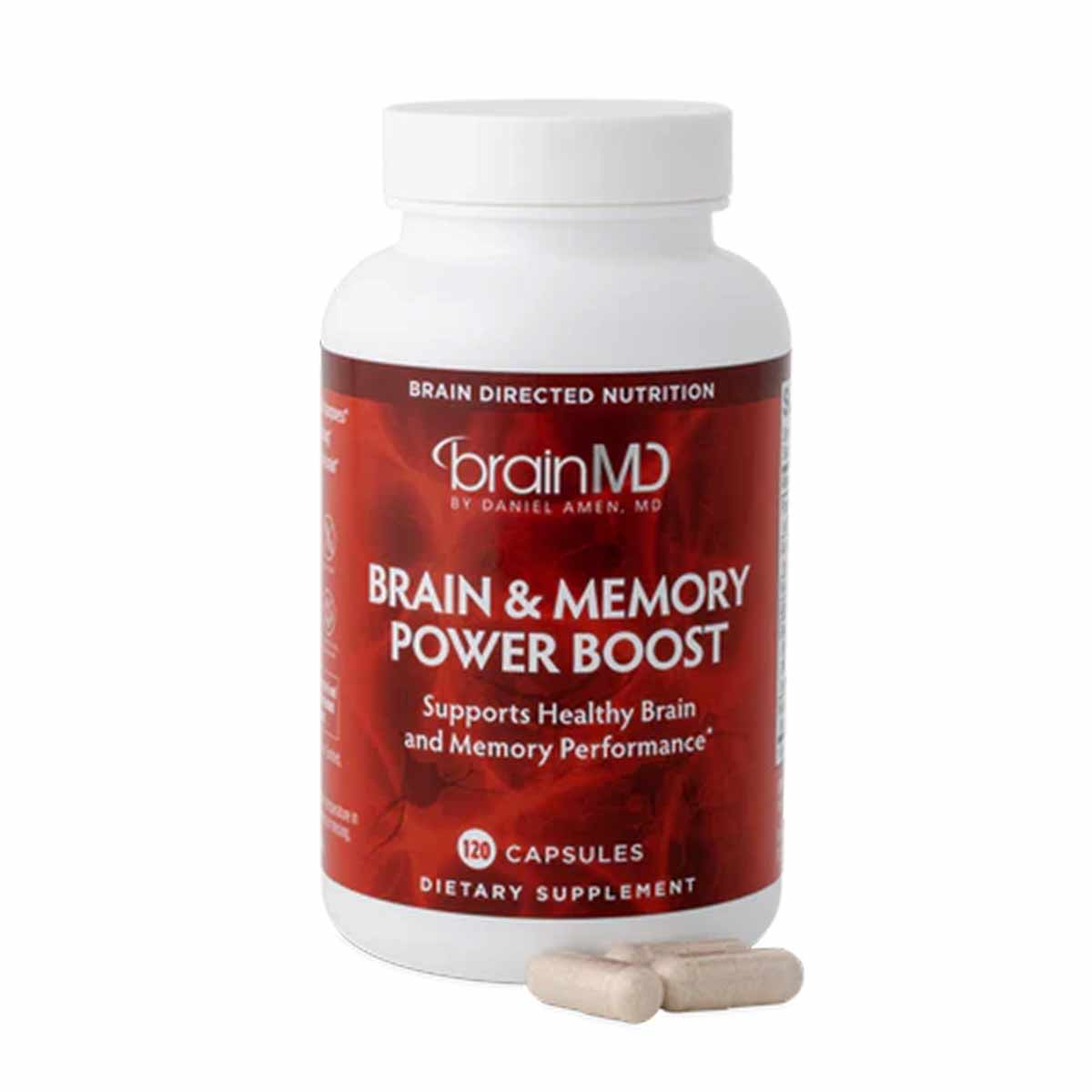 White bottle with red label for BrainMD Brain & Memory Power Boost dietary supplement, 120 capsules, with two capsules displa