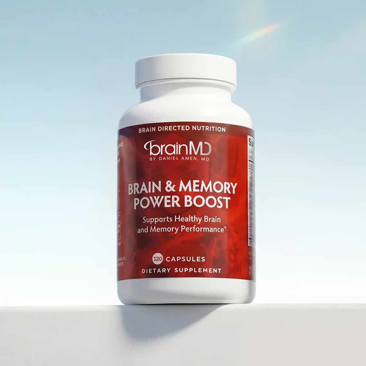 BrainMD Brain & Memory Power Boost bottle with white cap containing 120 capsules dietary supplement.