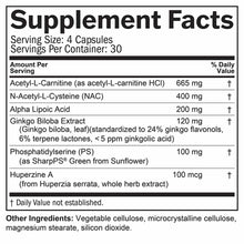 Supplement Facts label showing serving size of 4 capsules with ingredients including acetyl-L-carnitine, ginkgo biloba extrac
