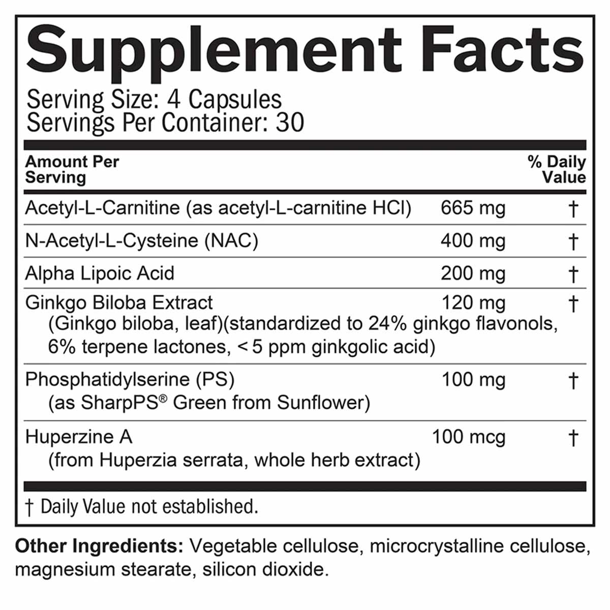 Supplement Facts label showing serving size of 4 capsules with ingredients including acetyl-L-carnitine, ginkgo biloba extrac
