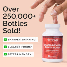 White BrainMD Brain & Memory Power Boost bottle with red label held in hand against peach background.