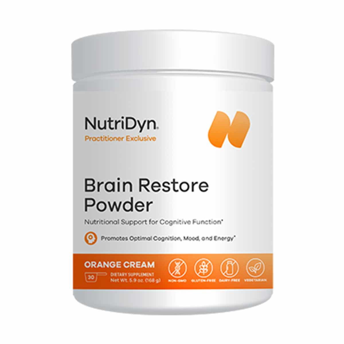 White NutriDyn Brain Restore Powder container, 5.9 oz, orange cream flavor with orange band and logo.