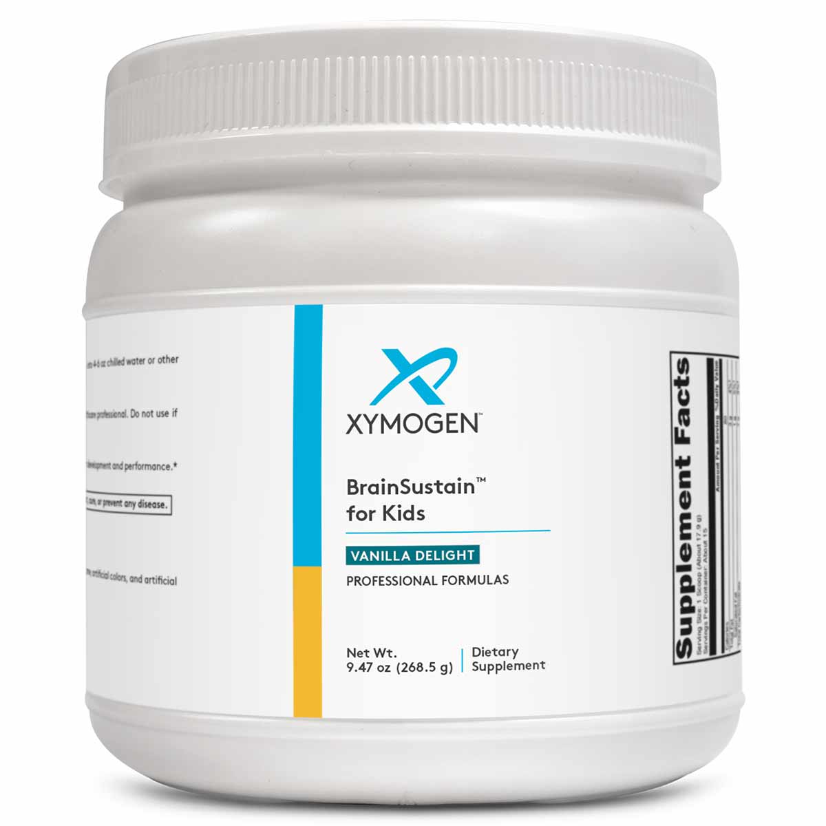 White plastic jar with white screw cap containing Xymogen Brain Sustain for Kids vanilla delight dietary supplement powder, 9