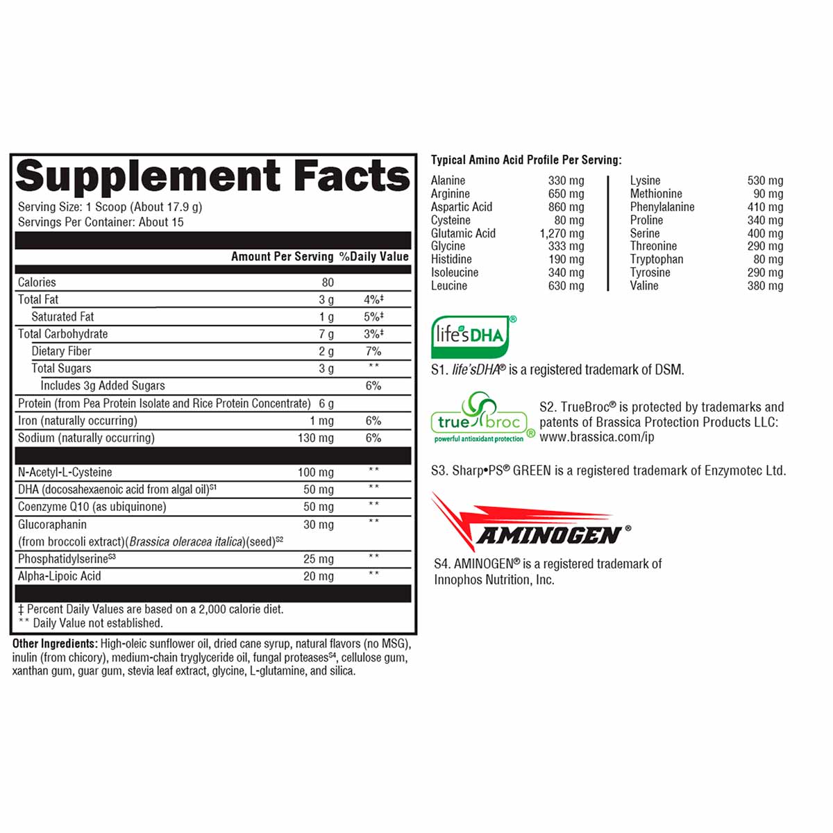 Supplement Facts label for Brain Sustain For Kids showing amino acid profile, serving size, and ingredient information.