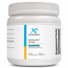 White plastic container of Xymogen BrainSustain for Kids dietary supplement powder in vanilla delight flavor, 9.47 oz.