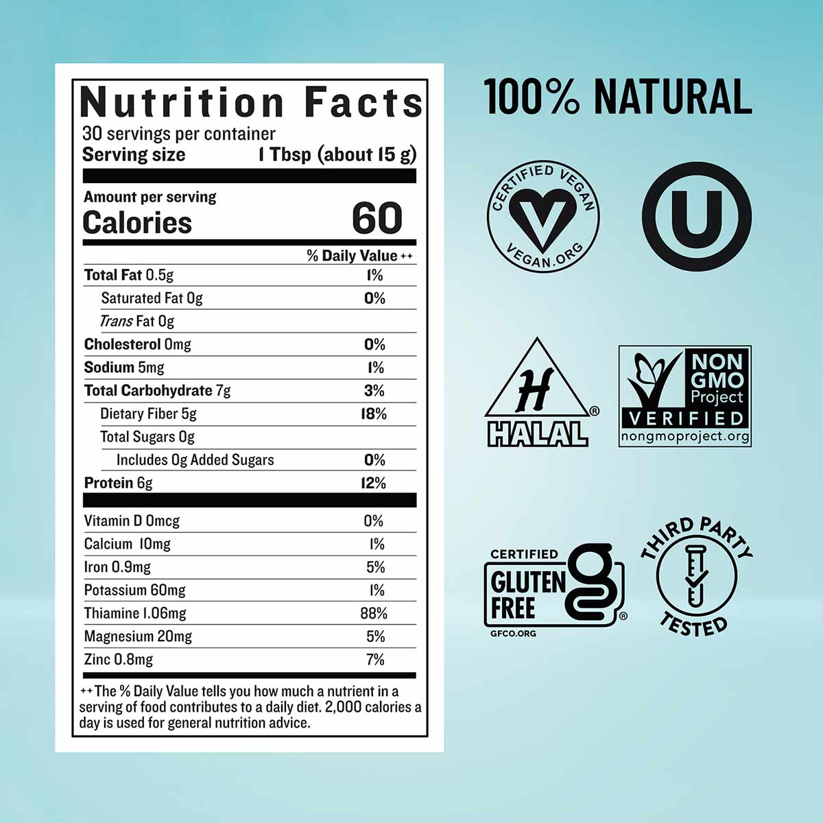 Nutrition facts label for Legendairy Milk Brewer's Yeast with certification badges for vegan, non-GMO, halal, gluten-free, an