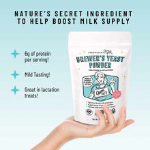 White pouch of Legendairy Milk Brewer's Yeast Powder held in hand against light blue background.