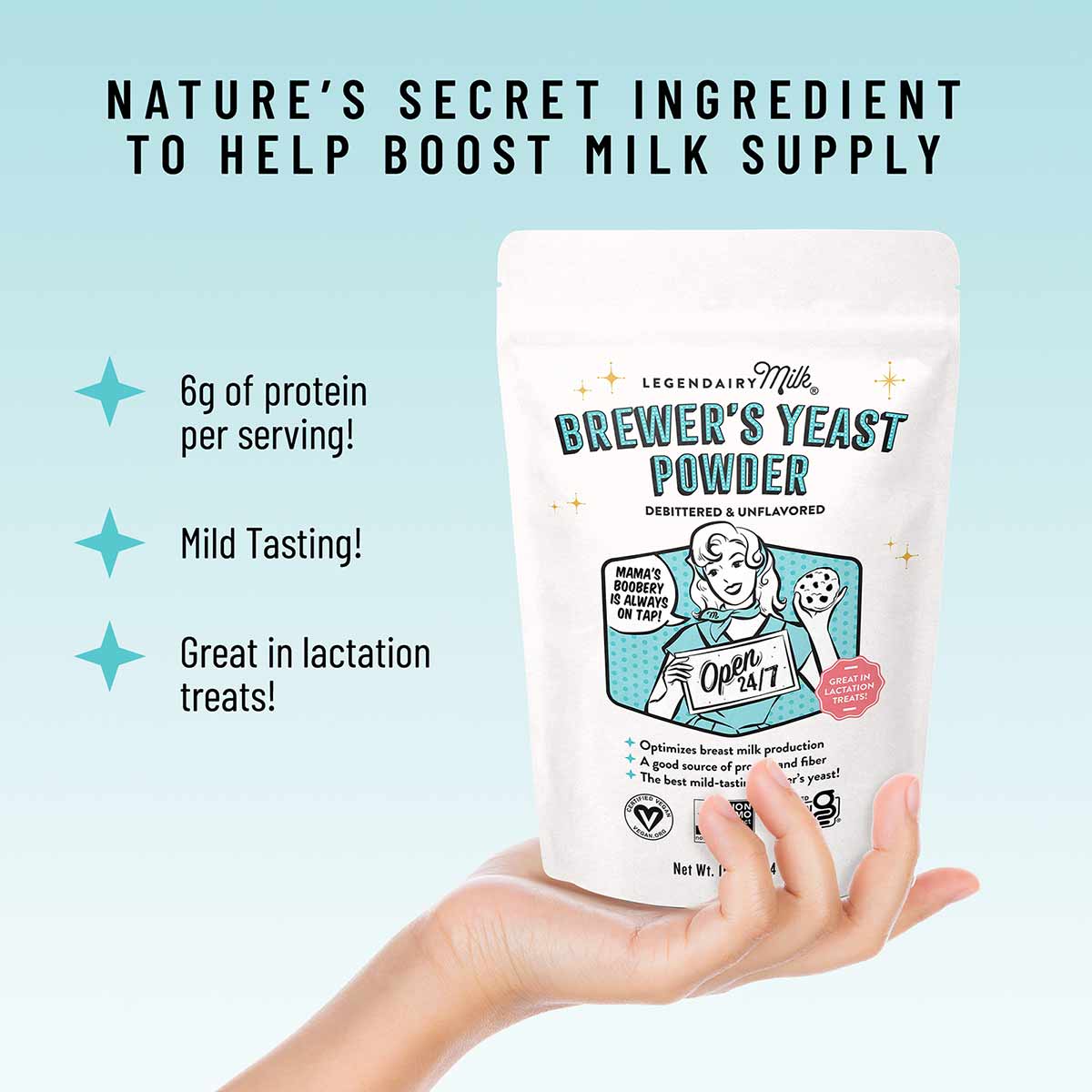 White pouch of Legendairy Milk Brewer's Yeast Powder held in hand against light blue background.