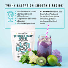 Legendairy Milk Brewer's Yeast Powder pouch displayed next to a purple smoothie, fresh strawberries, banana, kiwi, and mint l