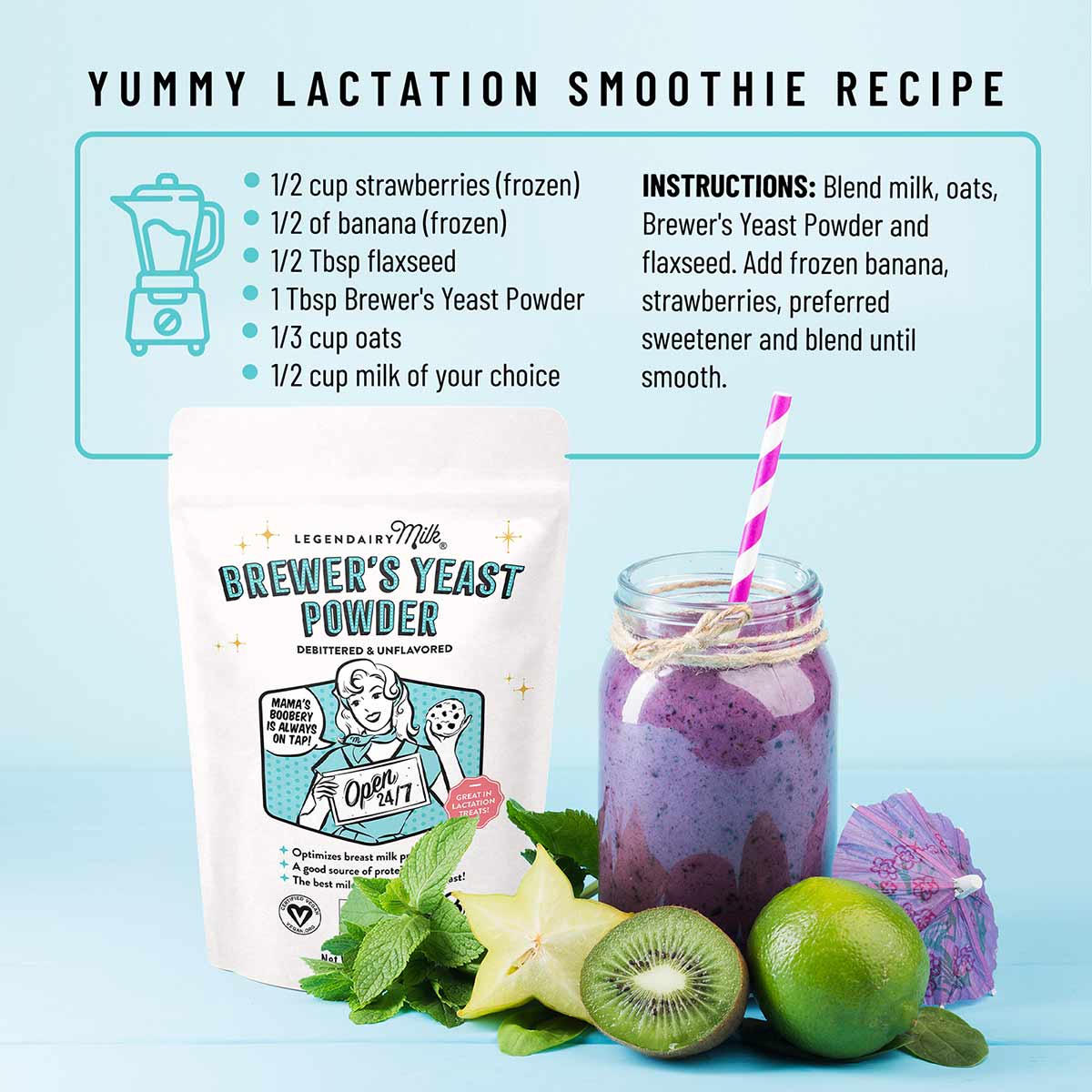 Legendairy Milk Brewer's Yeast Powder pouch displayed next to a purple smoothie, fresh strawberries, banana, kiwi, and mint l