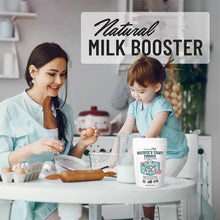 White Legendairy Milk Brewer's Yeast Powder package on kitchen counter with woman and child baking.