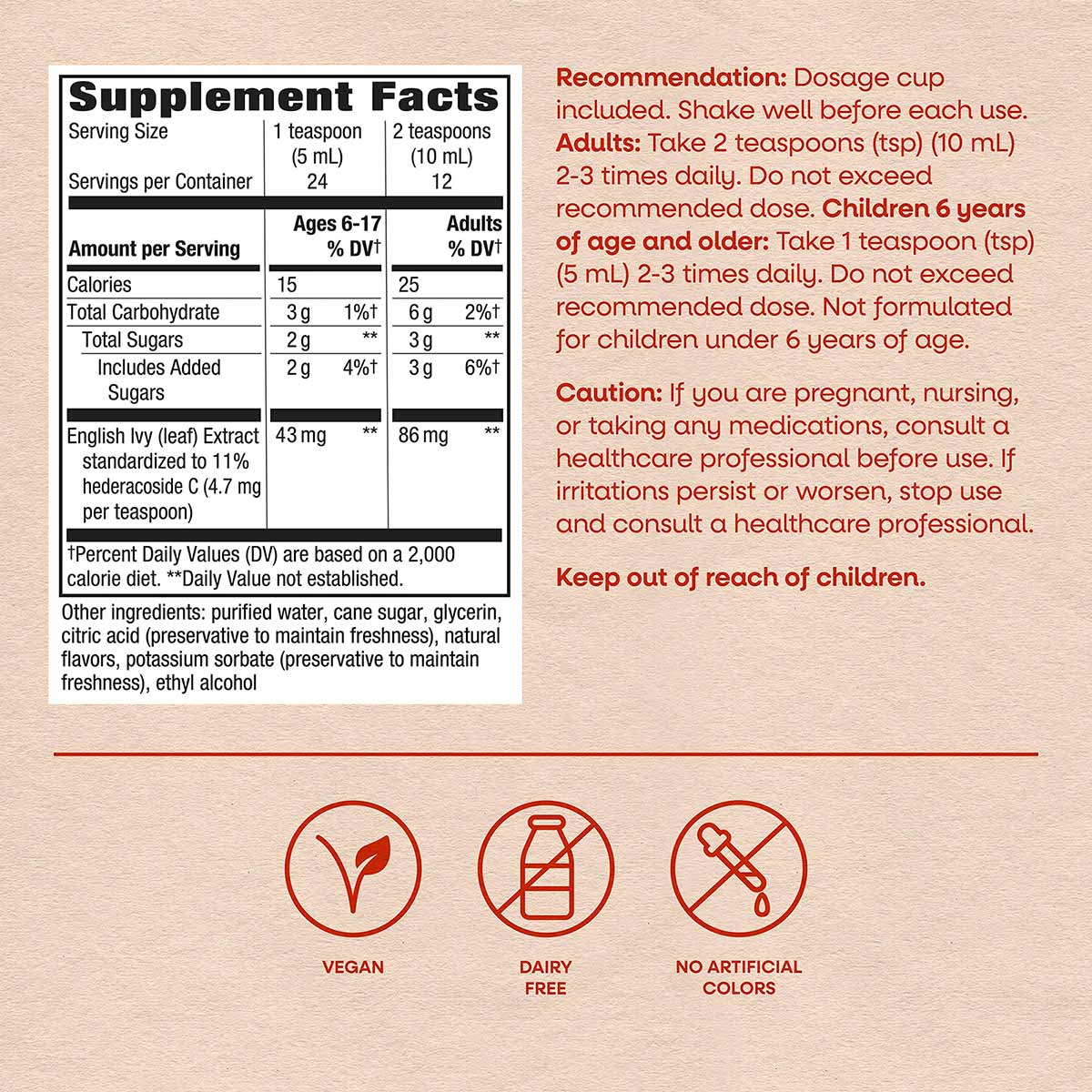 Supplement Facts label and usage instructions for Bronchial Soothe Ivy Leaf liquid supplement with vegan, dairy-free, and no 