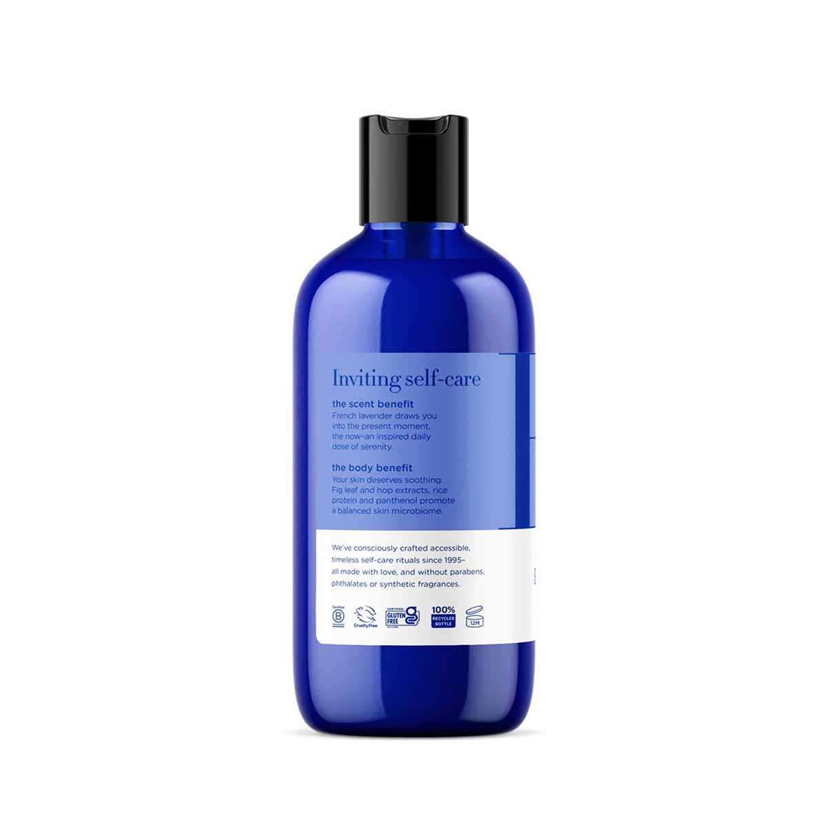 Blue bottle of EO Products bubble bath with black pump cap and white label containing product information.