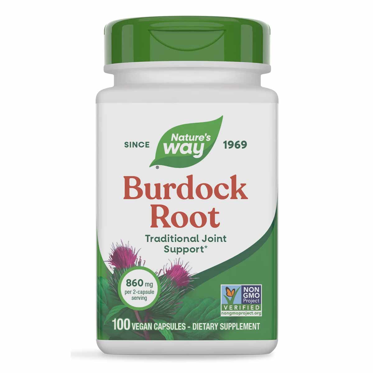 Nature's Way Burdock Root supplement bottle with green cap containing 100 vegan capsules.