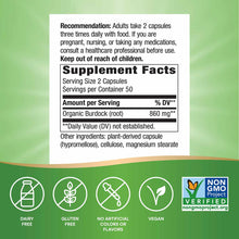 Supplement Facts label for Burdock Root 475 mg by Nature's Way showing dosage, ingredients, and certification badges.