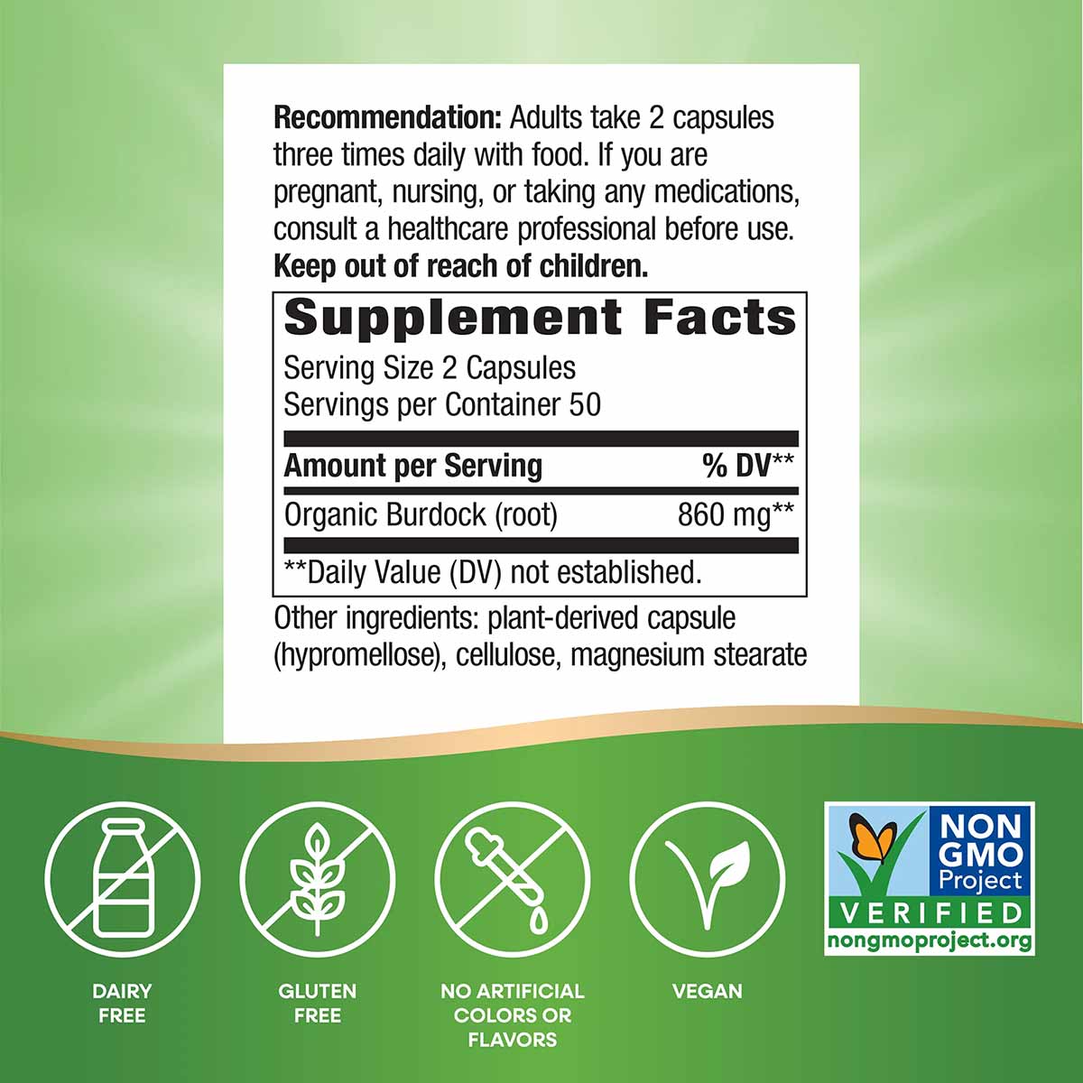 Supplement Facts label for Burdock Root 475 mg by Nature's Way showing dosage, ingredients, and certification badges.