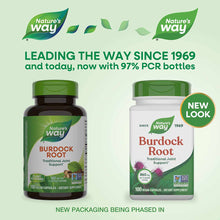Two Nature's Way Burdock Root supplement bottles, one dark brown and one white, each containing 100 vegan capsules.