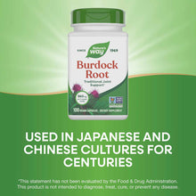 Nature's Way Burdock Root supplement bottle with green cap and white label, containing 100 vegan capsules.