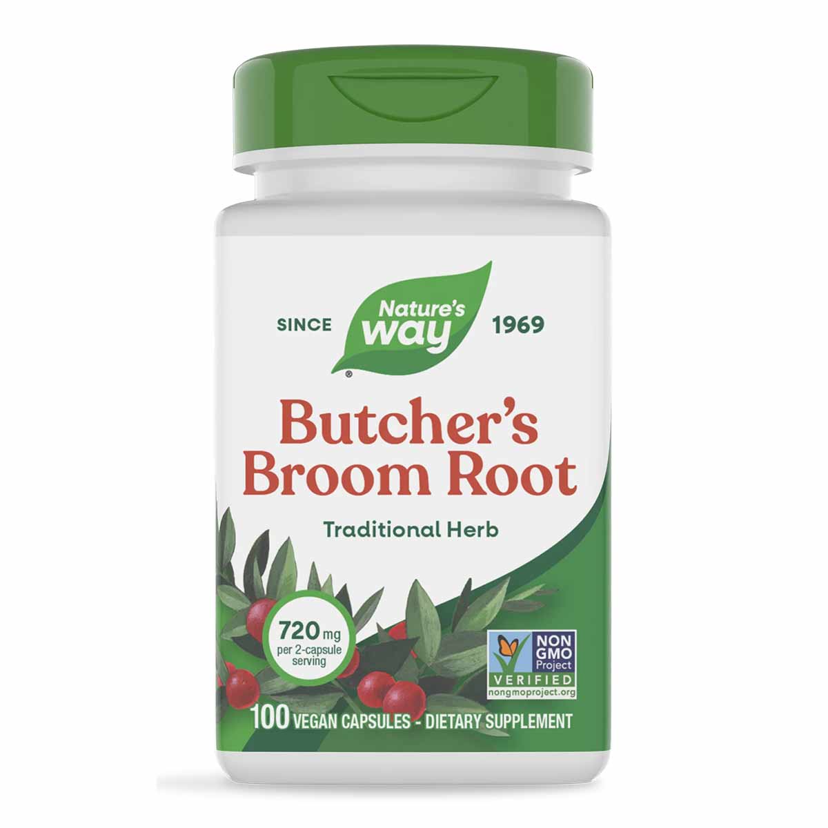 White bottle with green cap containing Nature's Way Butcher's Broom Root dietary supplement, 100 vegan capsules, 720 mg per s