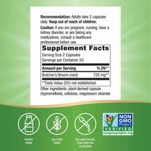 Butcher's Broom supplement label showing 720 mg per serving, 2 capsules daily, with dairy-free, gluten-free, and Non-GMO veri