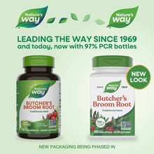 Two Nature's Way Butcher's Broom Root supplement bottles with green caps, 100 vegan capsules each, shown in old and new packa