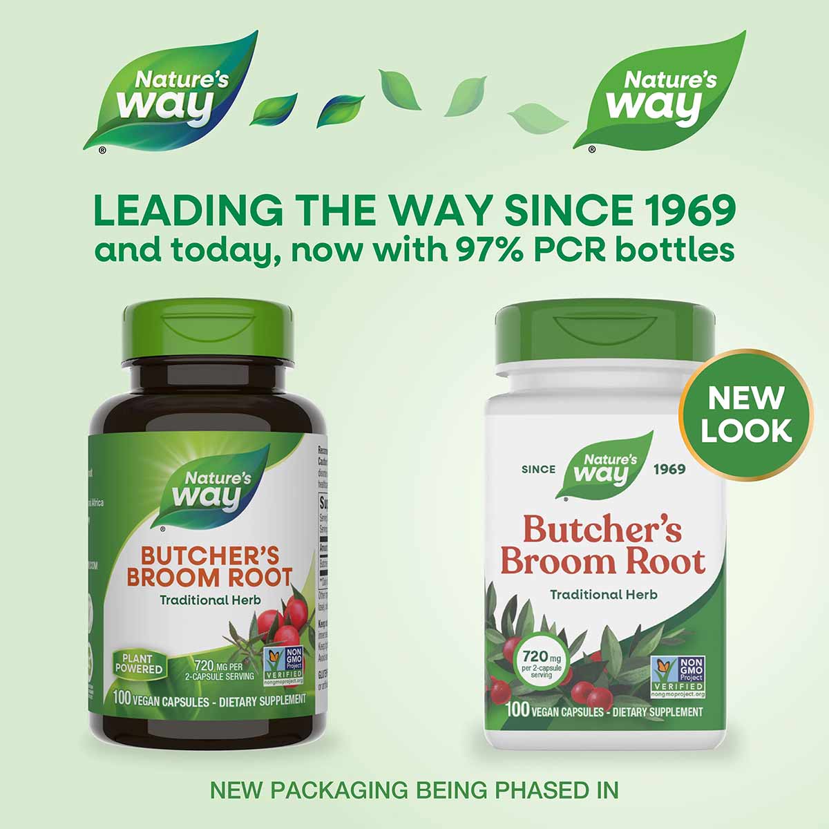 Two Nature's Way Butcher's Broom Root supplement bottles with green caps, 100 vegan capsules each, shown in old and new packa