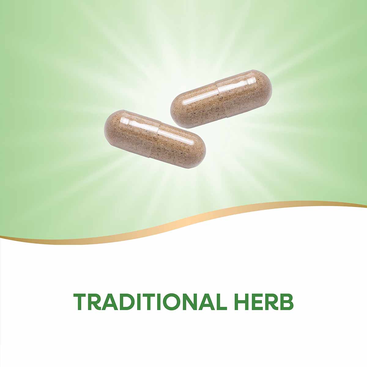 Two brown capsules on a green and white background with "Traditional Herb" text below.