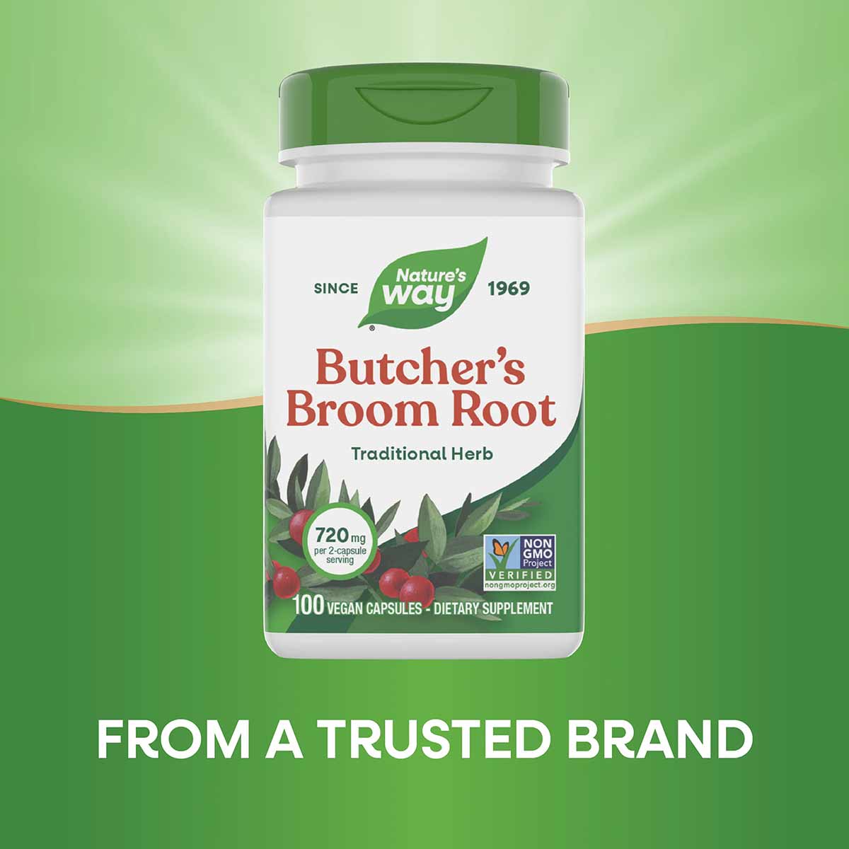 White bottle with green cap containing 100 vegan capsules of Butcher's Broom Root supplement by Nature's Way, 720mg per 2-cap
