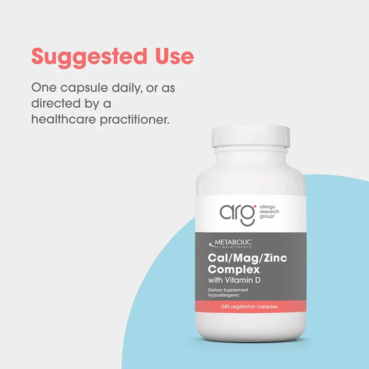 White bottle of Cal/Mag/Zinc Complex with Vitamin D dietary supplement containing 240 vegetarian capsules by Allergy Research