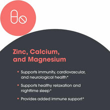 Supplement bottle label for Cal/Mag/Zinc Complex with Vitamin D featuring a capsule and tablet icon and product benefits text