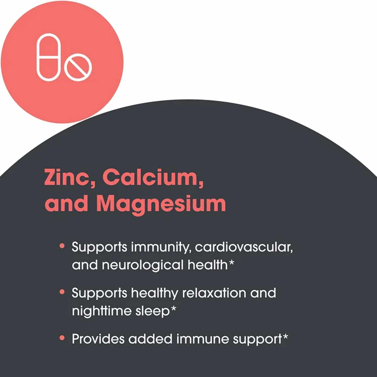 Supplement bottle label for Cal/Mag/Zinc Complex with Vitamin D featuring a capsule and tablet icon and product benefits text